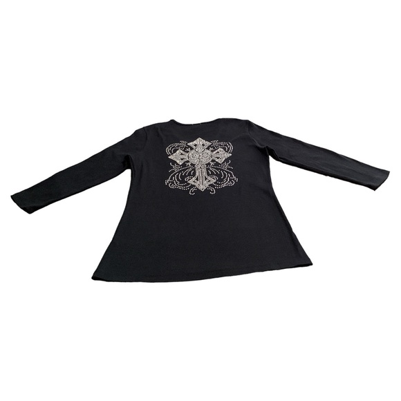 Reba Front & Back Rhinestone Cross Long Sleeves Round Neck Black Tee Shirt Sz LG - Picture 2 of 11